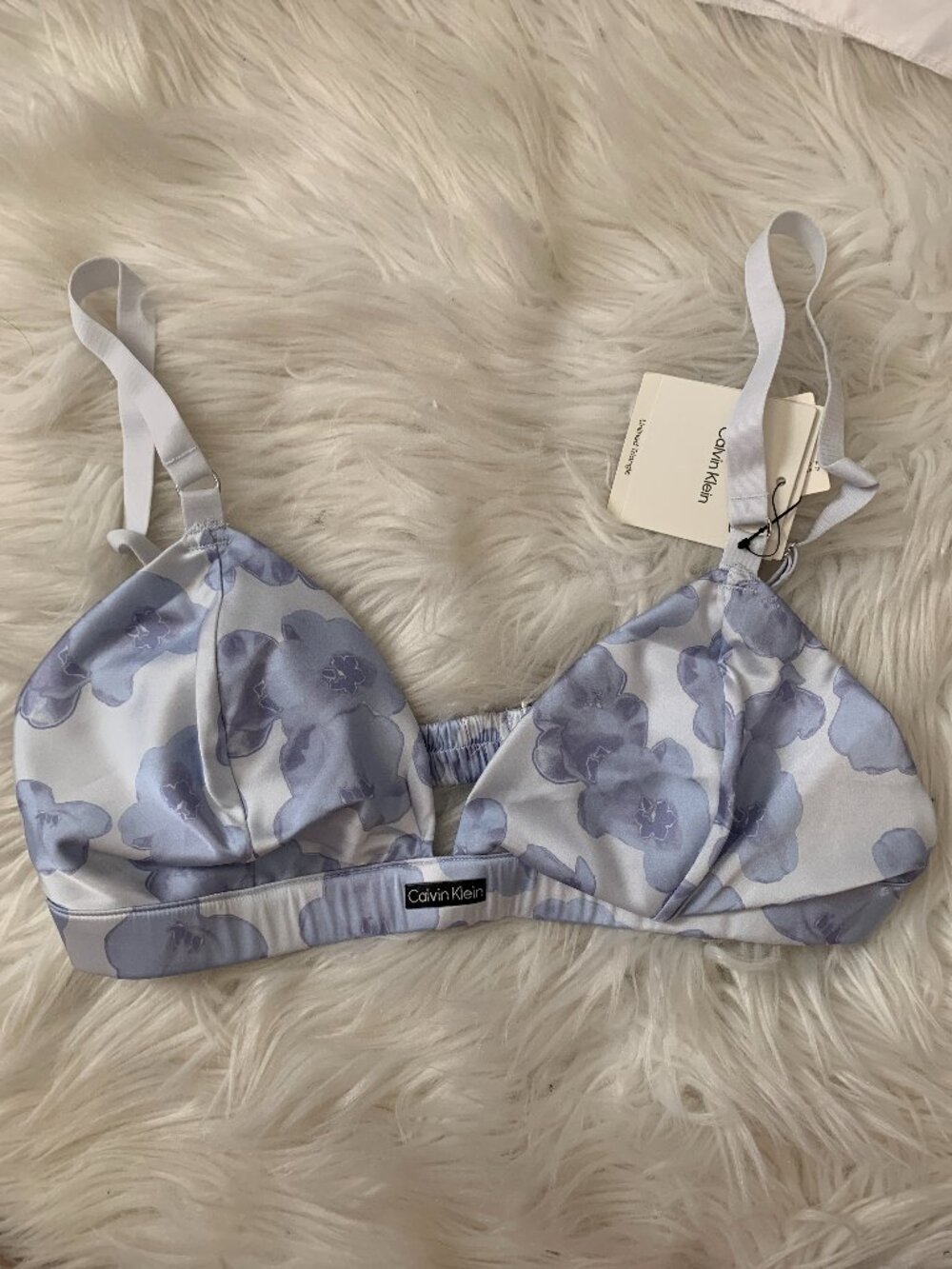 CALVIN KLEIN Buttercup Floral Unlined Satin Triangle Bralette in Blue Sz LARGE